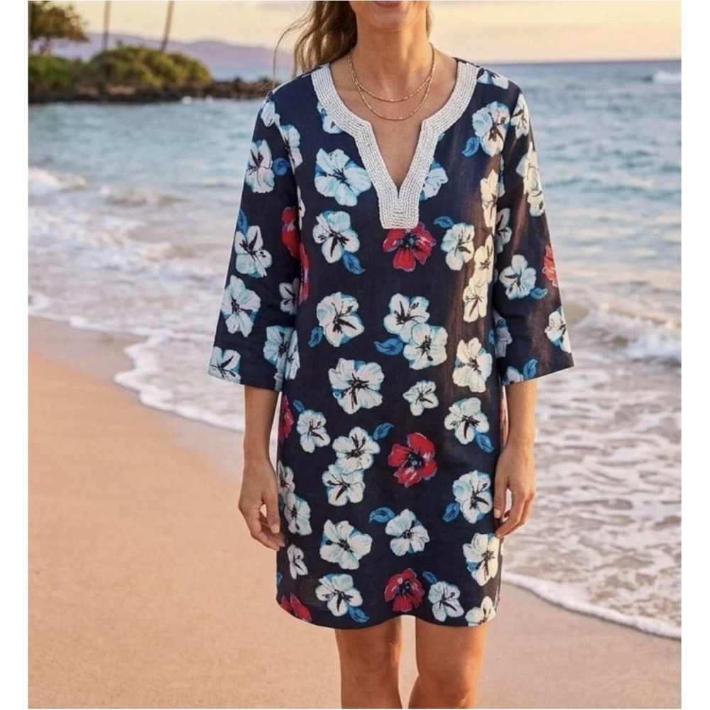 Talbots Linen Tunic Dress Beaded Navy Floral Tropical Hibiscus Coastal Granny XL